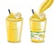 Banana cocktail shake smoothie glasses Vector realistic mock up. Juicy drink with splash. Product placement. Detailed 3d