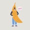 Banana costume girl say hello funny illustration in vector. Halloween card or poster.