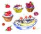 Banana dessert decorated with cherries, cupcakes with berries collection isolated on white, hand painted watercolor illustration