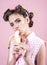 Banana dieting. pinup girl with fashion hair. retro woman eating banana. pin up woman with trendy makeup. pretty girl in