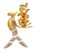 A banana in the form of a human figure carrying tangerines with flying slices of marmalade on an isolated white background