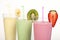 Banana, kiwi and strawberry milk shake and fresh fruis