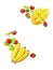 Banana mango strawberry fresh red and yellow fruits corner frame. Vegetarian food concept