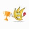 The Banana mascot character wins a boxing trophy. vector illustration