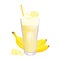 Banana milkshake decorated with banana slices and whipped cream.