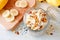 Banana nut overnight oats in glass canning jar, downward view