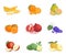Banana, orange, guava, persimmon, pomegranate, grape, apple, pomelo, and feijoa vector cartoon illustrations.