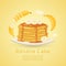 Banana and pancake recipe with pictures of bananas and maple syrup on yellow background. Retro vector illustration for