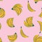 Banana pattern repeat. Tropical fruit in yellow and pink background fabric print