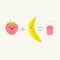 Banana plus strawberry equal fresh glass of juice smoothie shake. Happy fruit set. Cartoon smiling face character with eyes.