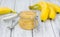 Banana Puree on wooden background