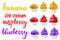 Banana, raspberry, blueberry ice cream vector Set of yellow, red, violet with of different shapes in a cup on transparent backgrou