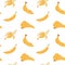 Banana seamless pattern. Cartoon texture of yellow peeled, multiple and single bananas, flat tropical fruit fabric