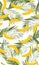 Banana seamless pattern with palm leaves on white background. Tropical fruit and botanical