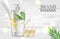 Banana shampoo Vector realistic mock up. White bottle cosmetics. Product placement label design. Detailed 3d