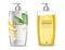 Banana shampoo Vector realistic mock up. White and yellow bottles cosmetics. Product placement label design. Detailed 3d