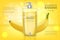 Banana shampoo Vector realistic mock up. Yellow bottle cosmetics. Product placement label design. Detailed 3d