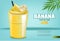 Banana smoothie Vector realistic mock up. Juicy drink with splash. Product placement. Detailed 3d illustrations. blue
