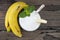 Banana smoothie white fruit juice milkshake blend beverage healthy.