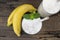 Banana smoothie white fruit juice milkshake blend beverage healthy high protein.