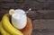 Banana smoothie white fruit juice milkshake blend beverage healthy high protein.