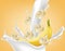 Banana splash Vector realistic. Yogurt or milk pourring liquid. Mock up for label designs