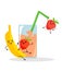Banana strawberry party kawaii on a glass with banana strawberry juice. Cute and funny fruits on white background