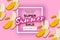 Banana Super Summer Sale Banner in paper cut style. Origami pen fruit. Healthy fresh food on pink. Square frame for text
