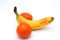 Banana with tangerines on a white background.