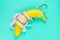 Banana with tape for measuring figure. Centimeter ruler spinned around fruit. Tape wrapped around banana isolated on mint