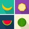 Banana and watermelon. Colorful flat design. Fruits with shadow. Vector icons set