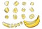 Bananas and banana slices, a peeled banana and a bunch of bananas isolated on white background, grunge style, hand drawing. Vector