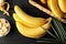 Bananas. Basket with bananas and bowl with slices on background