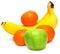 Bananas mandarins apples on white background