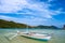 Banca boat on the beach of Vigan island snake Island in El nido region of Palawan in the Philippines