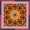 Bandana print with flower mandala and ornamental frame in warm tones. Lovely tablecloth. Unique square carpet