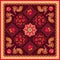 Bandana print with paisley, mandala, roses, fabulous birds and decorative border on brown background.  Napkin, doily, cushion