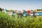 Bandar Anzali, Iran - 10th june, 2022: beautiful colorful iranian houses along wetlands river in Bandar Anzali, caspian sea coast