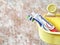 Bandar Seri Begawan / Brunei - May 19 2019 : Image of Tooth Brush and Pepsodent Toothpaste in a yellow bucket