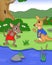Bandicot and kangaroso playing on the banks of river cartoon