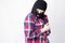 bandit girl, fat model in balaclava, Woman Plus Size in shi