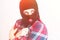 bandit girl, fat model in balaclava, Woman Plus Size in shirt posing topless on white background with brown eyes. XXL female