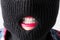 bandit girl, fat model in balaclava, Woman Plus Size in shirt posing topless on white background. XXL female in black mask w