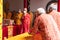 Bandung, Indonesia - January 8, 2022 : The man united together for brings the offering to the monks and god on the altar while