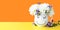 Baner cute mug with a muzzle and a bouquet of flowers on a yellow-orange background.