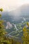 Banff from above in cloudy day, low fog, sunshine, Summer , Banff National park, Alberta, Canada