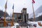 Banff, Alberta Canada - Janurary 19, 2019: Sunshine Village ski area, view of the lodge chalet. Taken during a snowstorm