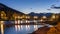 Banff Avenue Bridge over the bow river light up at summer night. Banff National Park.