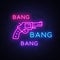 Bang Bang Gun neon sign vector. Pop Art Design template neon sign, light banner, neon signboard, nightly bright