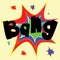 Bang comic star onomatopoeia in orange blue and green. Big black letters